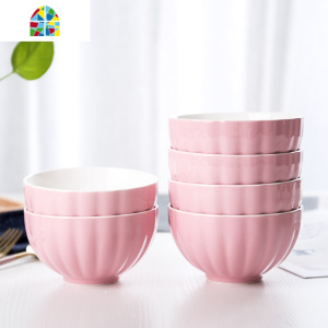 陶瓷碗家用6英寸吃面碗釉下彩泡面碗陶瓷餐具套装可微波炉碗6个装 FENGHOU 5.5英寸金线南瓜碗粉色6个装