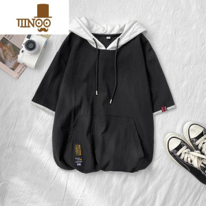 YANXU冰丝短袖连帽卫衣男士夏季薄款潮牌宽松男装上衣体恤半袖t恤衣服