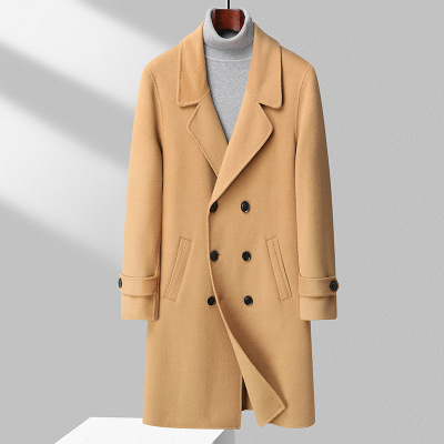 过膝长款双排扣大衣秋冬新款100%羊毛双面尼大衣男士青年大衣外套