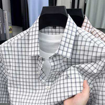 春夏季新款男士格子短袖休闲时尚免烫翻领通勤百搭衬衫新疆棉