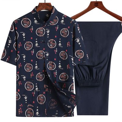 直播热售-短袖唐装男夏季中老年休闲套装中国风汉服爸爸爷爷老人男装上衣娅洛尔