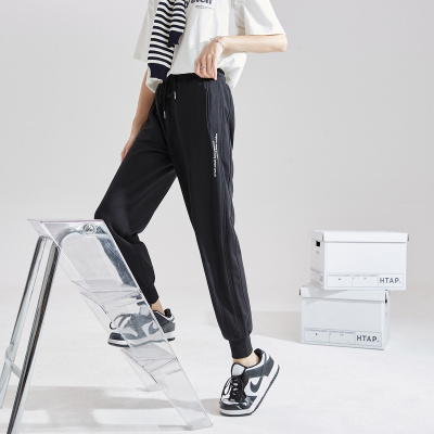 [1折价49.9元,叠加优惠券]唐狮休闲长裤女文字印花黑色休闲裤夏经典百搭运动针织束脚女休闲长裤