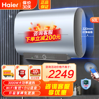 海尔(Haier)电热水器60升家用速热扁桶纤薄双胆一级能效双3000W交替热APP智控10倍大水量 PV3