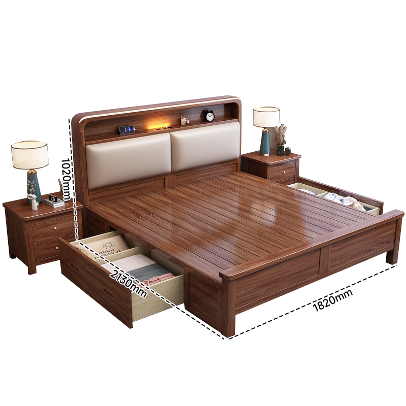 苏宁 质凡 宿舍公寓胡桃木带软包实木床箱框结构/ZF-SMC062/1.8米*2米