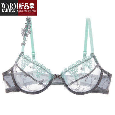 法式超薄款无海绵美肩内衣蕾丝刺绣网纱文胸上托透明胸罩SHANCHAO