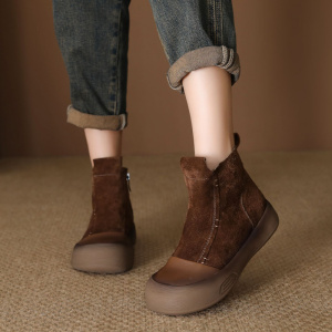 头层牛皮短靴女秋冬新款厚底反绒侧拉链简约复古风休闲女鞋