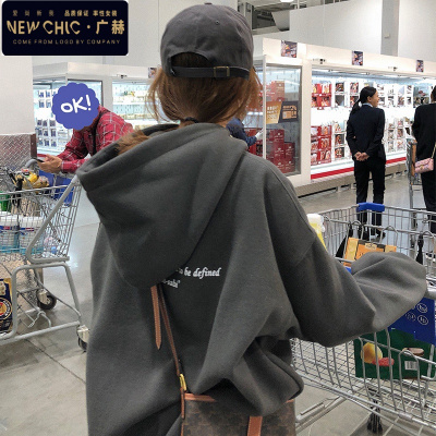 广赫连帽套头卫衣女秋冬2020新款宽松慵懒加厚加绒韩版中长款上衣外套卫衣