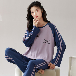 全棉带胸垫睡衣女士秋冬季纯棉长袖套头卡通可爱家居服套装可外穿