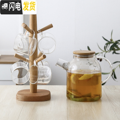 三维工匠玻璃冷水壶套装欧式可高温凉水壶杯子家用大容量凉白开热水壶防爆 透明A6杯1壶1架