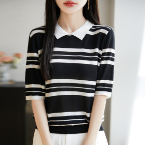 25夏季新款天丝娃娃领条纹短袖女百搭针织衫上衣打底休闲显瘦打底