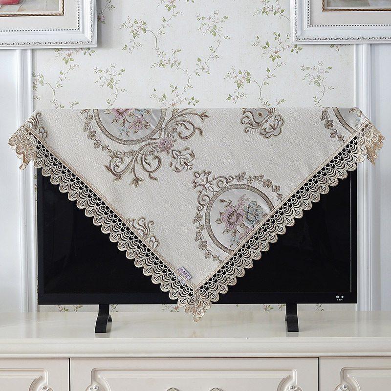 欧式电视机盖布罩套曲面屏防尘罩方巾布艺蕾丝长方形客厅 清歌米色小花边 150*150(75-85寸电视机可用)方桌也可用