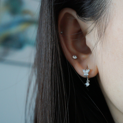 雪花蝴蝶闪钻925纯银耳圈耳扣高级感耳骨钉百搭送女朋友老婆情人节七夕生日礼物