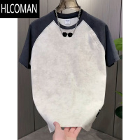 HLCOMAN夏季新款潮流男士撞色拼接半袖打底网红扎染设计感体恤衫短袖
