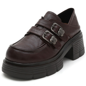 复古气质风真皮乐福鞋秋季新款单鞋厚底英伦增高圆头四季皮鞋