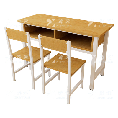 臻远ZY4082145 学生课桌椅双层带抽屉培训班学习桌学校辅导班教室双人桌 胡桃色含椅子+白架1200*600*800
