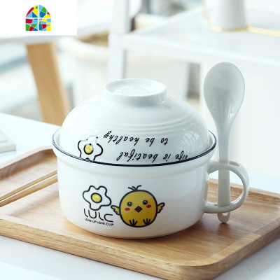 泡面汤碗家用陶瓷拉面餐具碗筷套装日式带手柄带盖大碗一人食便携 FENGHOU 哑光蓝-送陶瓷勺+竹筷[一碗两用]