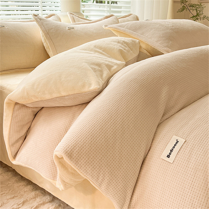 a类花牛奶绒四件套冬季华夫格被套珊瑚绒床单被罩南通床上用品