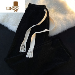 YANXU新款男士灯芯绒直筒裤抽绳港风潮宽松百搭休闲垂感阔腿裤学院