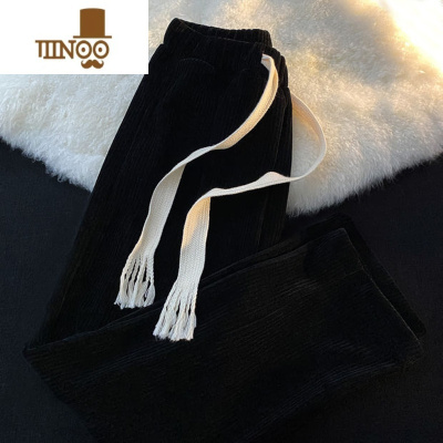 YANXU新款男士灯芯绒直筒裤抽绳港风潮宽松百搭休闲垂感阔腿裤学院