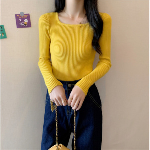 春秋新款方领打底针织衫女秋季设计感韩版纯色修身长袖内搭上衣