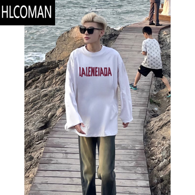 HLCOMAN印花长袖t恤男潮牌黑色体恤男生网红新款内搭打底上衣