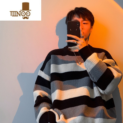 YANXU毛衣男日系撞色条纹圆领衫针织衫复古打底衫宽松慵懒风毛线衣