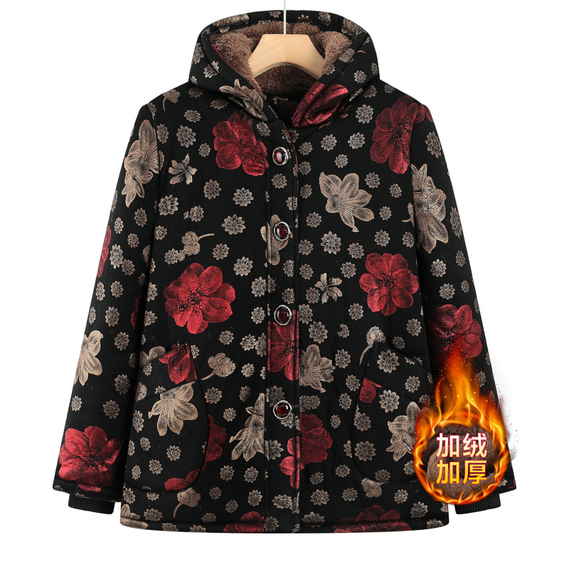 老年人冬装女棉衣外套奶奶加绒保暖连帽棉袄70岁80老太太加厚上衣