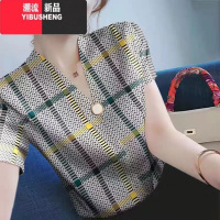 YIBUSHENG短袖t恤女士季新款v领洋气冰丝打底衫修身格子小衫气质百搭上衣
