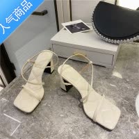 SUNTEK4月04号!一字带高跟凉鞋女2023年新款夏季新款方头粗跟罗马女鞋