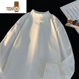 YANXU白色半高领德绒长袖t恤男士潮牌无帽卫衣宽松打底内搭秋衣