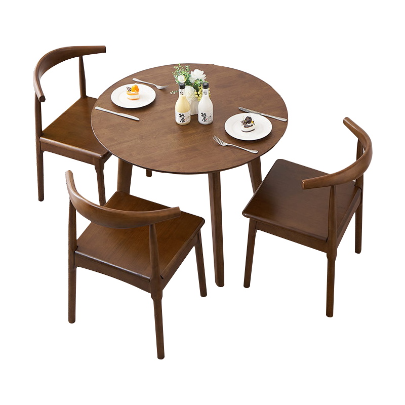 臻远 ZY5110251 实木圆桌简约圆形餐桌接待洽谈桌茶桌椅组合胡桃色0.8米一桌三椅
