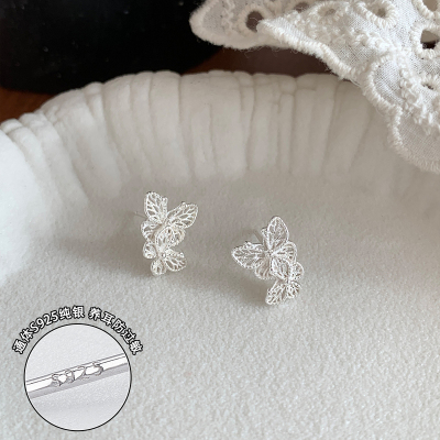 蕾丝蝴蝶纯银耳钉2025新款高级感养耳洞睡觉免摘耳环精致送女朋友老婆情人节七夕生日礼物