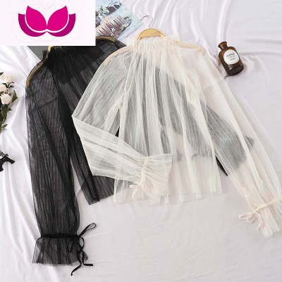 七斓秋装2018新款韩版立领喇叭长袖蕾丝打底衫女百搭显瘦网纱上衣学生蕾丝衫/雪纺衫