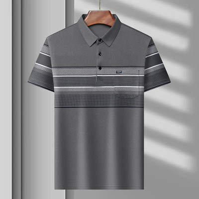 2025中老年男士休闲短袖T恤时尚印花装真口袋Polo衫上衣