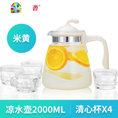 封后2400ML耐热高温冷水壶大容量玻璃果汁凉白开水壶家用凉水壶泡茶壶 F 2.4L清心杯白色茶盘套装(杏色)茶盘花样随
