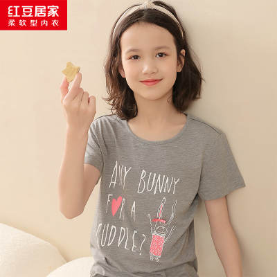 商场同款-红豆居家夏款女童棉质家居裙小女孩圆领萌趣印花休闲风短袖睡裙