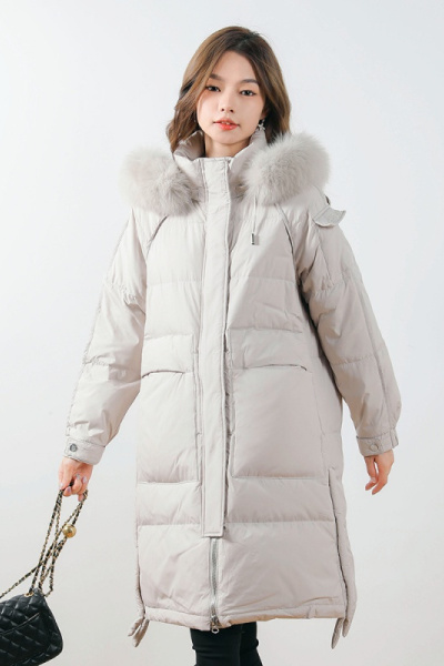 90绒女式纯色连帽中长款女装加厚款狐狸毛白鸭绒羽绒服