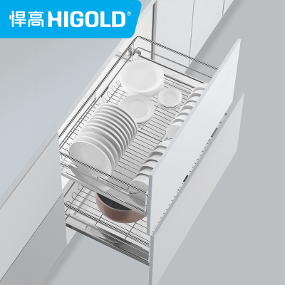 higold/悍高 橱柜拉篮 时尚系列304不锈圆钢双层碗碟篮 厨房抽屉式