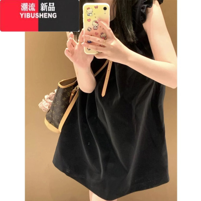 YIBUSHENG黑色茶歇复古方领飞飞袖连衣裙女季小个子奶乖减龄A字娃娃短裙
