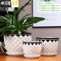 三维工匠陶瓷家用大号带托盘特大号简约吊兰绿萝多肉花盆 三件套款16 大花盆容器