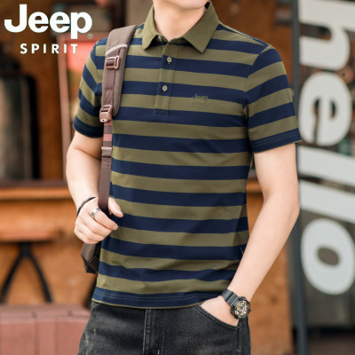 JEEP SPIRIT吉普2024男春夏新款条纹翻领半袖T恤休闲宽松珠地棉POLO衫