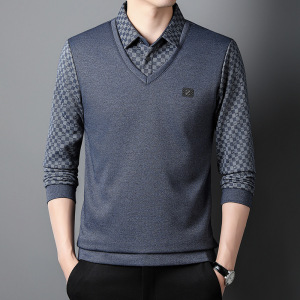 秋冬新款男士假两件加绒T恤中年休闲衬衫领保暖打底衫男款Polo衫_602188