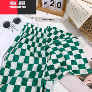 YIBUSHENG粉色扎染印花冰丝雪纺百褶阔腿裤女宽松垂感拖地防蚊直筒休闲裤