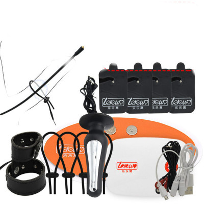 乐乐窝APP充电遥控后庭肛塞马眼尿道插棒乳夹电极贴片硅胶按摩手套男女 皮革环+中号肛塞+阴茎环马眼棒+四弹簧扣环+主机