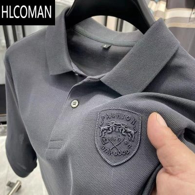 HLCOMAN纯色po刺绣polo衫夏季2025青年商务上衣宽松翻领冰丝短袖t恤男