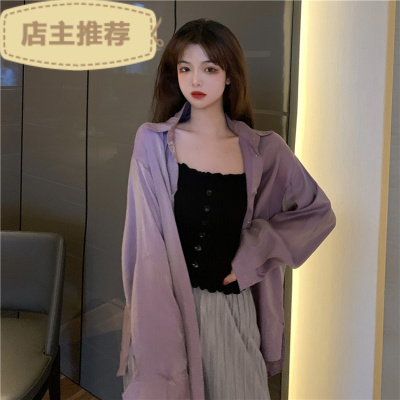 EddieEva春装2021年新款港风网红宽松百搭中长款衬衫女长袖衬衣三件套