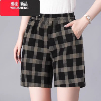 YIBUSHENG格子短裤女季薄款宽松显瘦透气妈妈阔腿热裤外穿新款休闲裤