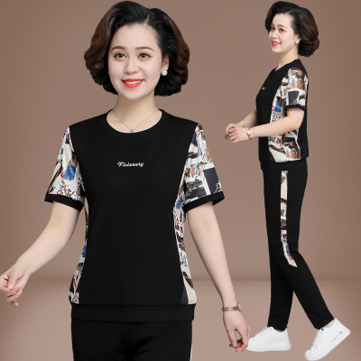 中年妈妈夏装运动套装2021新款中老年短袖T恤女休闲两件套40岁50