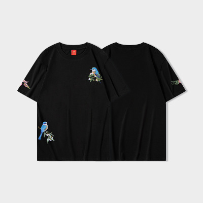 国潮个性花鸟刺绣短袖潮牌ins时尚男士T恤夏季体桖衣服宽松