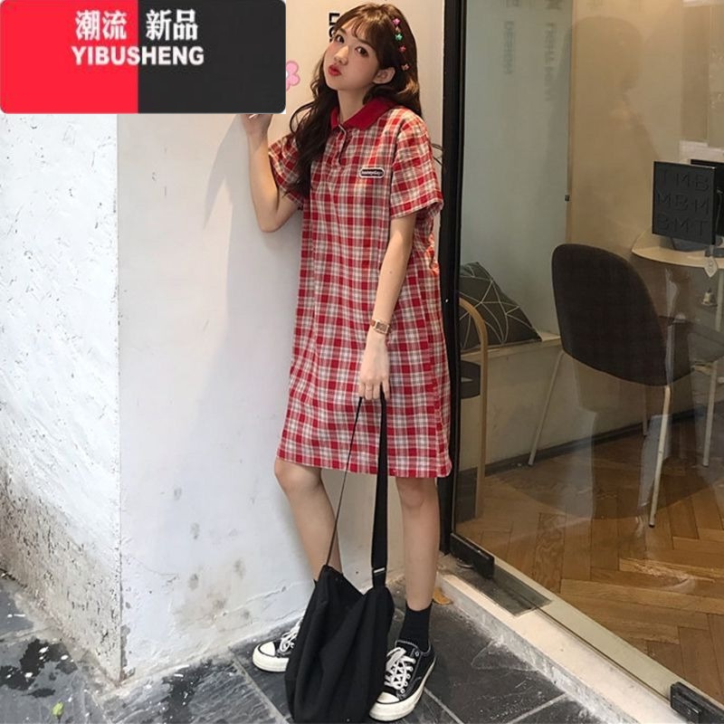 YIBUSHENG特大码300斤胖MM法式格子设计连衣裙女温柔风减龄中长款polo裙2